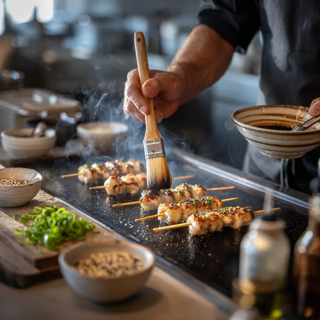 Préparation brochettes poulet yakitori cuisson plancha badigeonnage sauce