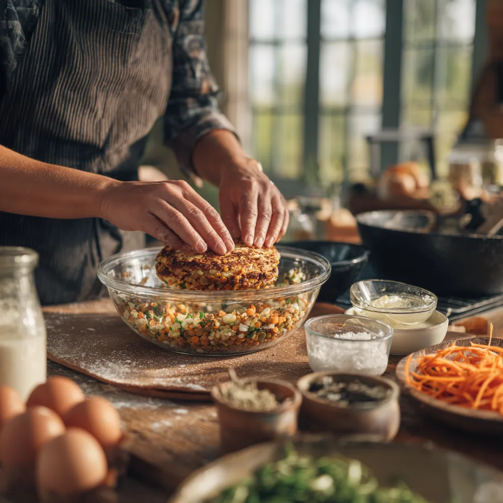Préparation burger végétarien maison façonnage galettes lentilles légumes en cuisine avec ingrédients