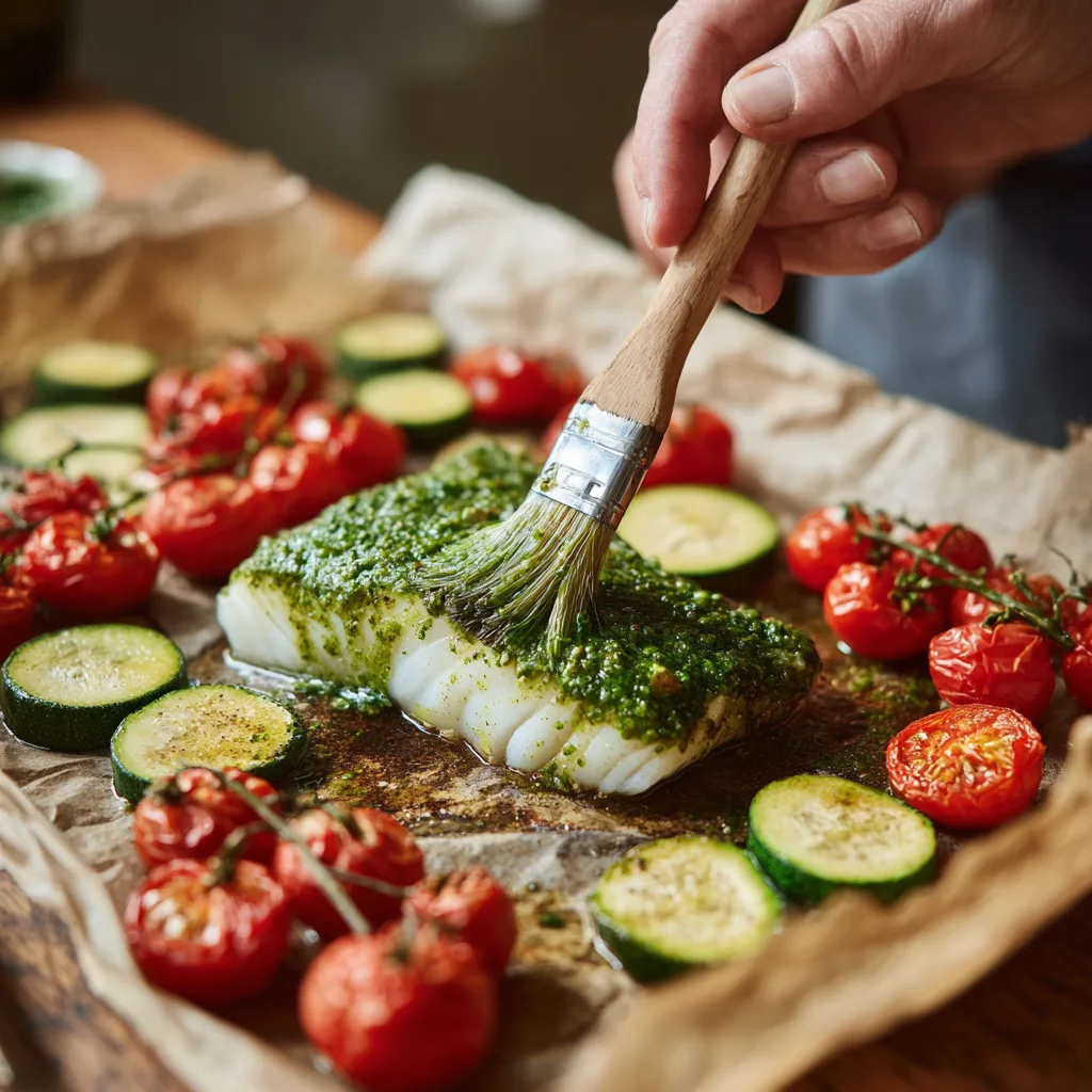 Préparation du cabillaud en papillote au pesto avec pinceau