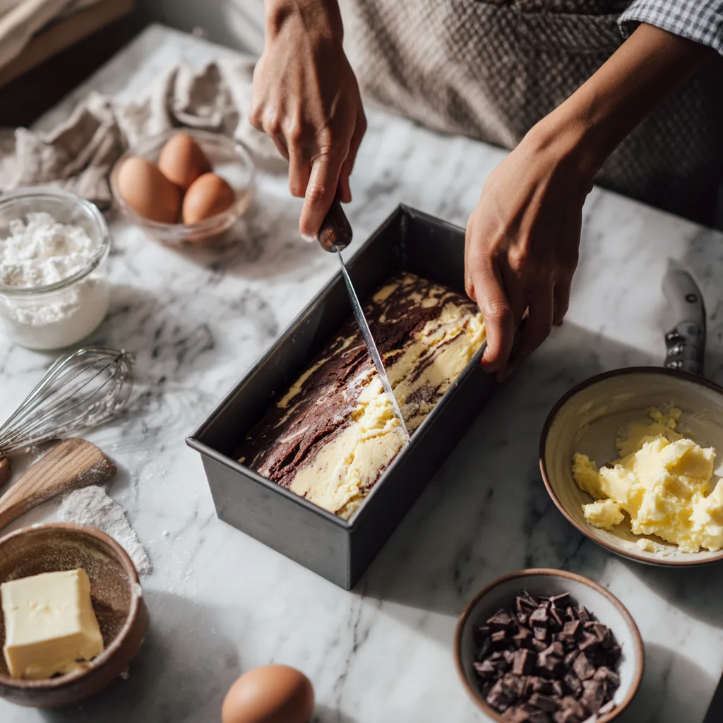 Préparation cake marbré aux pépites de chocolat création du marbrage au couteau