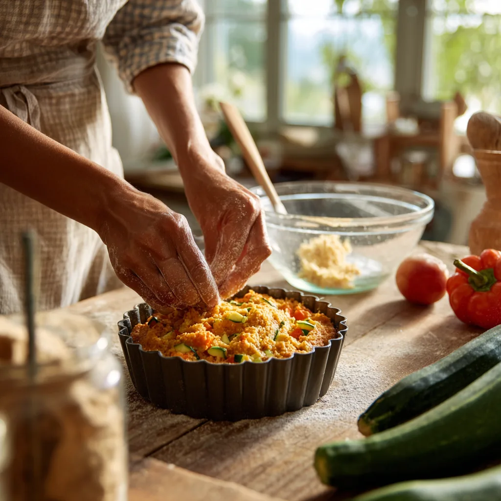 Préparation cake salé aux légumes de saison en cuisine