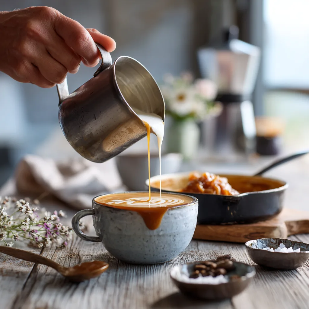 Préparation cappuccino caramel beurre salé cuisine avec mousseur lait et ingrédients