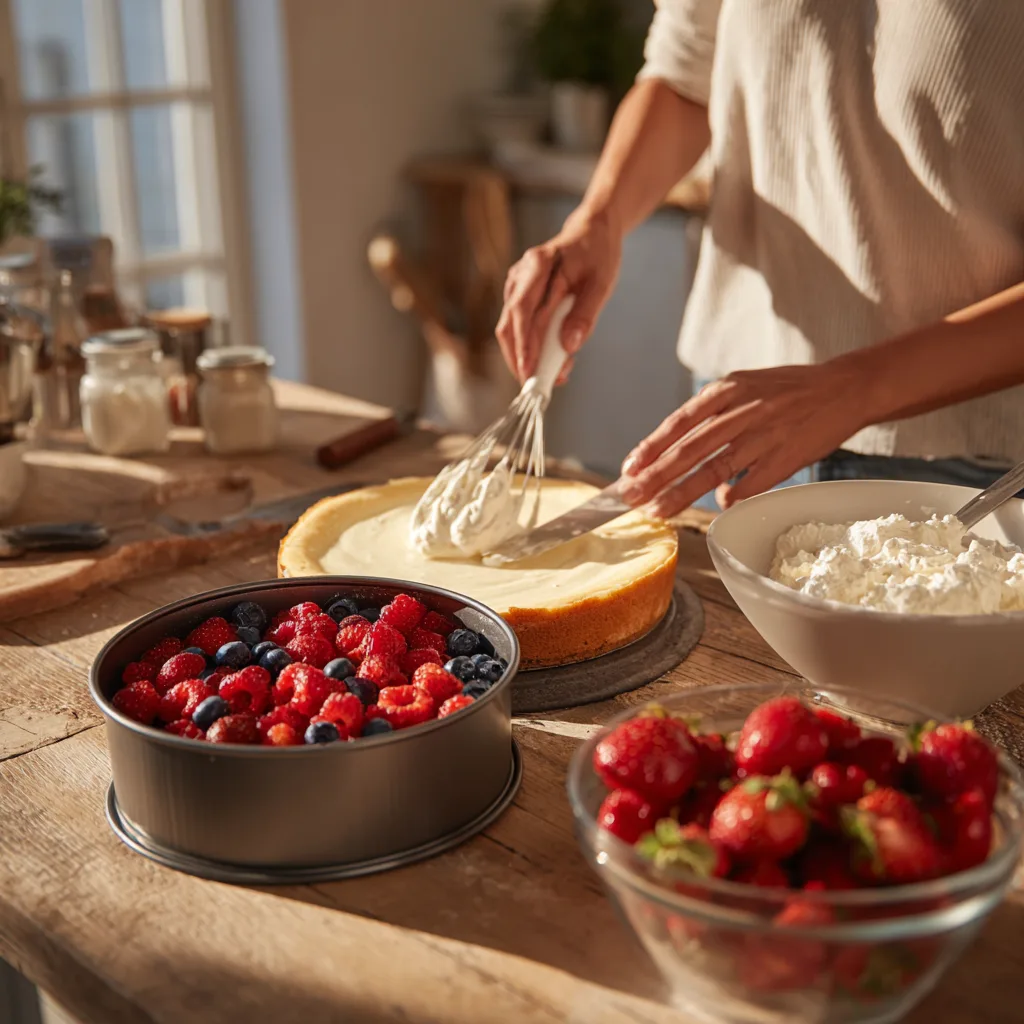 Préparation d'un cheesecake aux fruits rouges en cuisine avec ustensiles et ingrédients