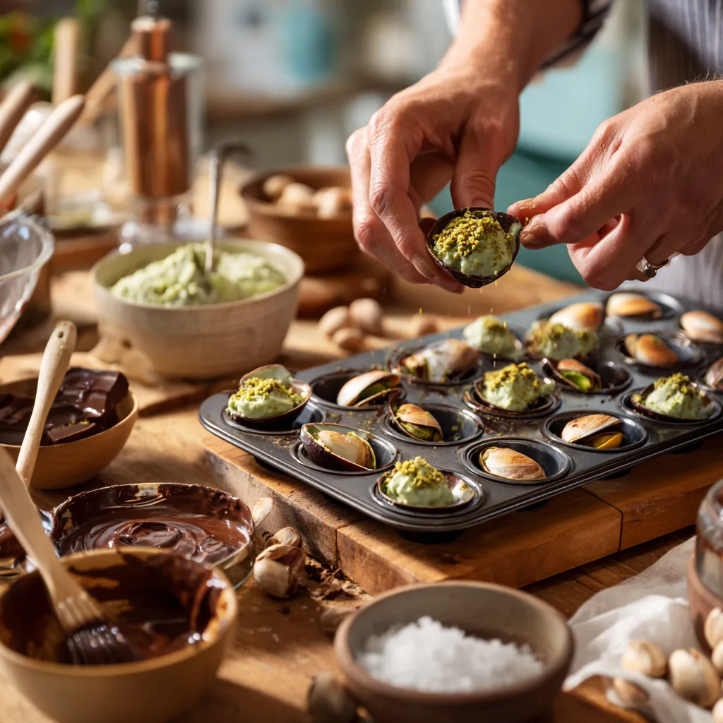 Préparation du Chocolat Dubai Fourré Crémeux en cuisine avec moules et garniture pistache