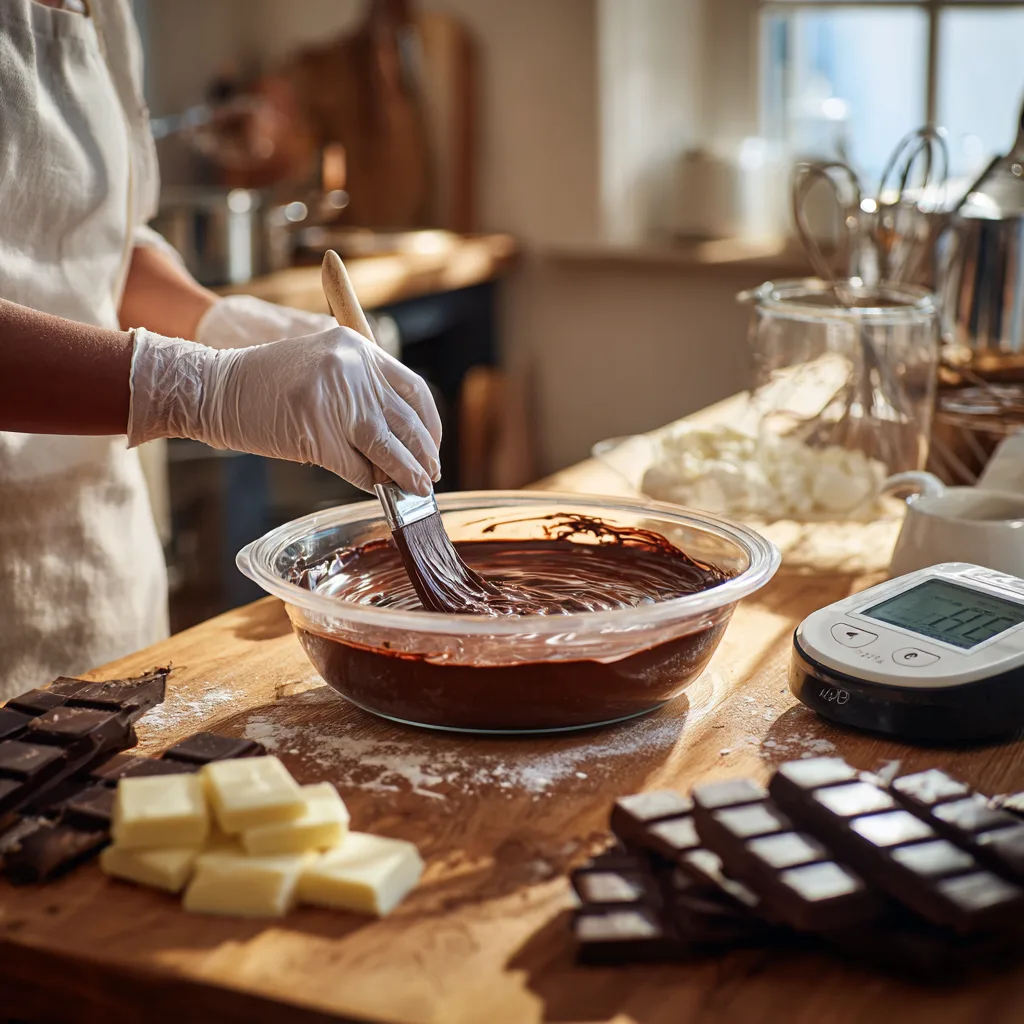 Préparation cloche de Pâques chocolat noir et blanc tempérage au pinceau