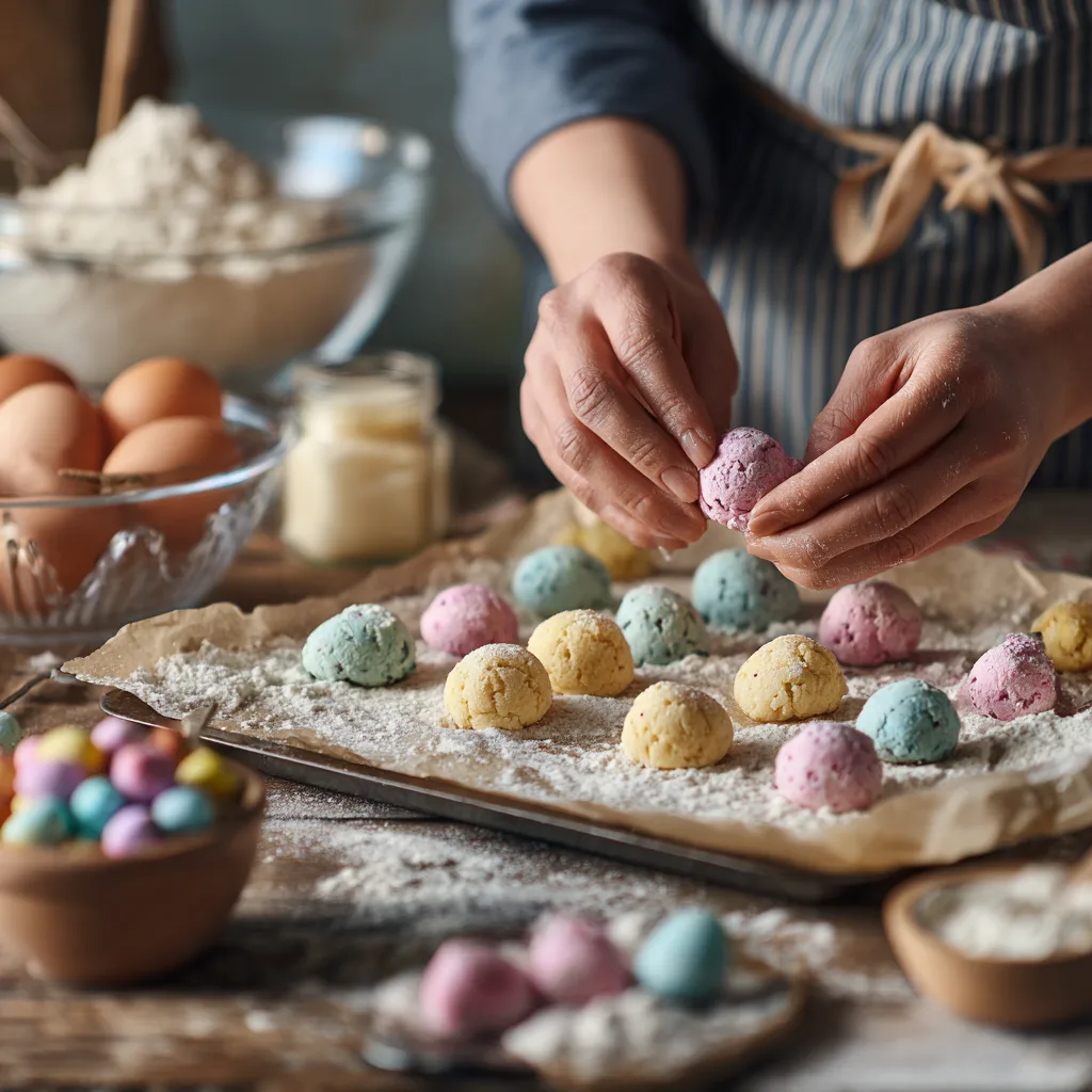 Préparation cookies Pâques main plaçant œufs chocolat pâte plaque cuisson