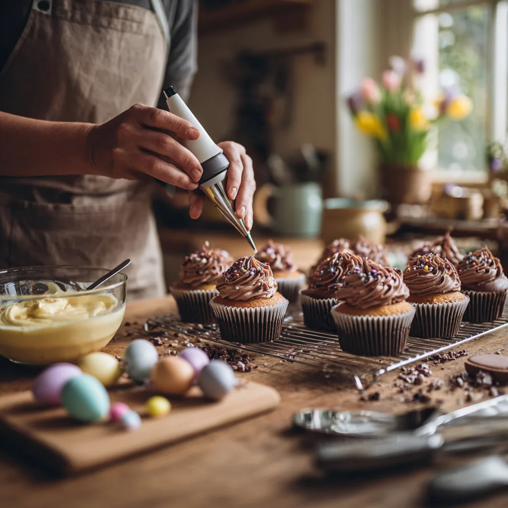 Préparation Cupcakes en forme de nid de Pâques poche à douille buttercream chocolat