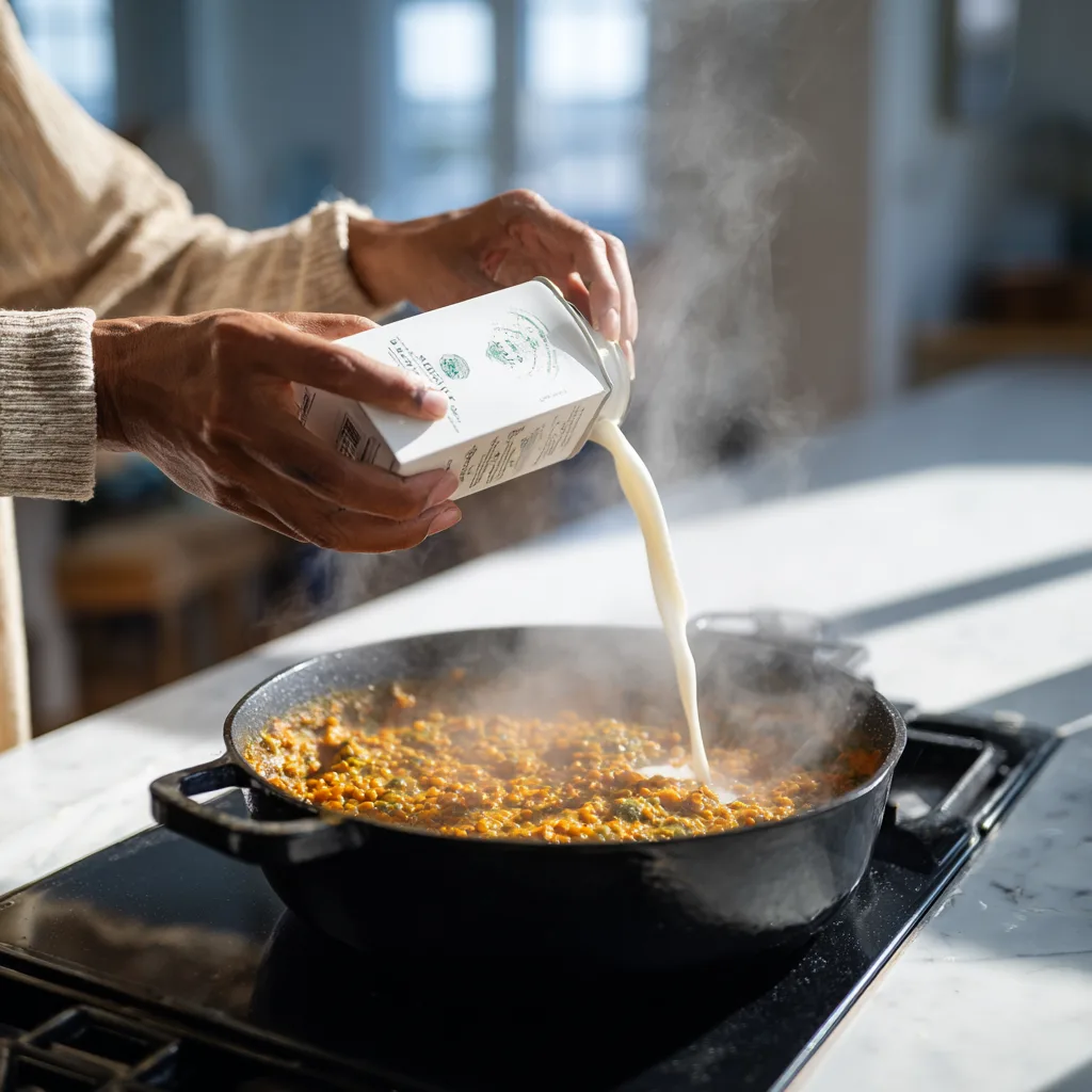 Préparation du curry indien lentilles en cuisine, ajout du lait de coco dans la casserole en fonte