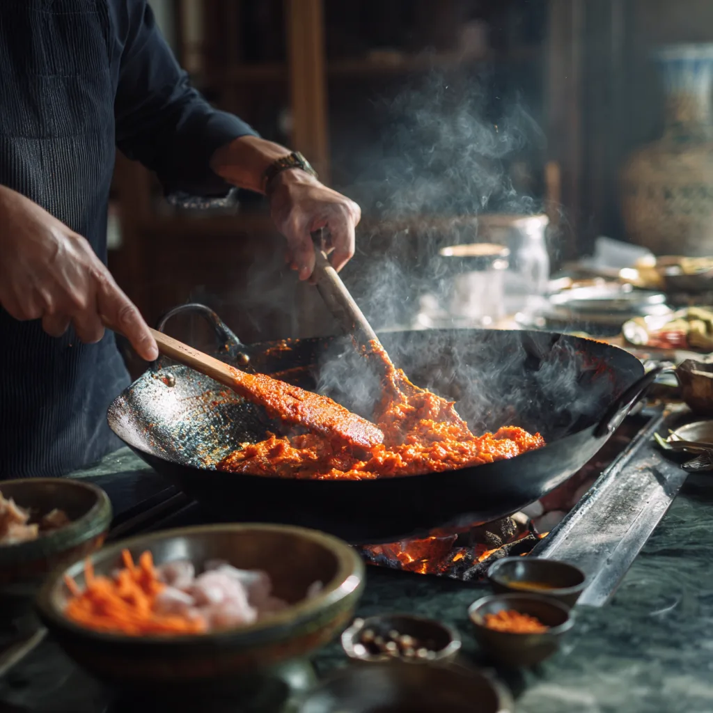 Préparation du curry thaï rouge dans un wok avec pâte de curry et ingrédients frais