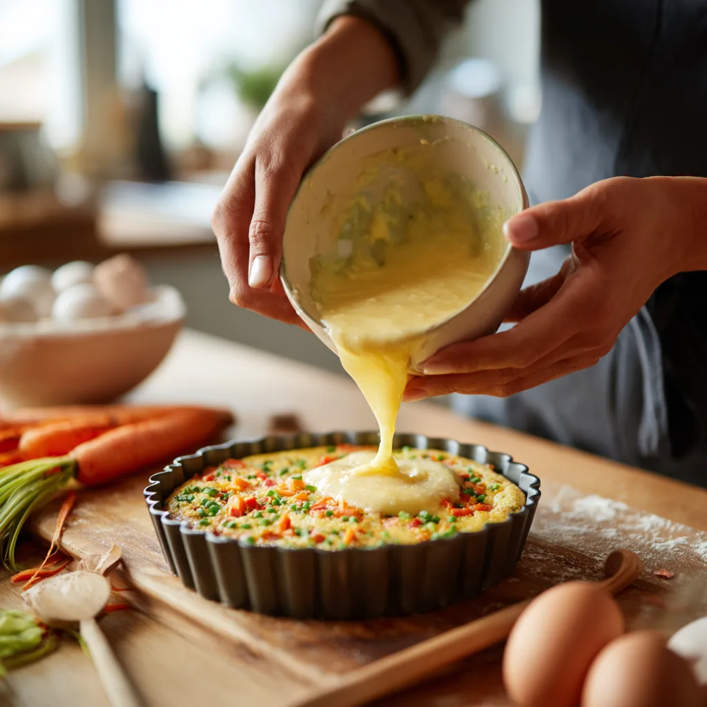 Préparation flan de légumes printaniers en cuisine avec légumes frais et appareil