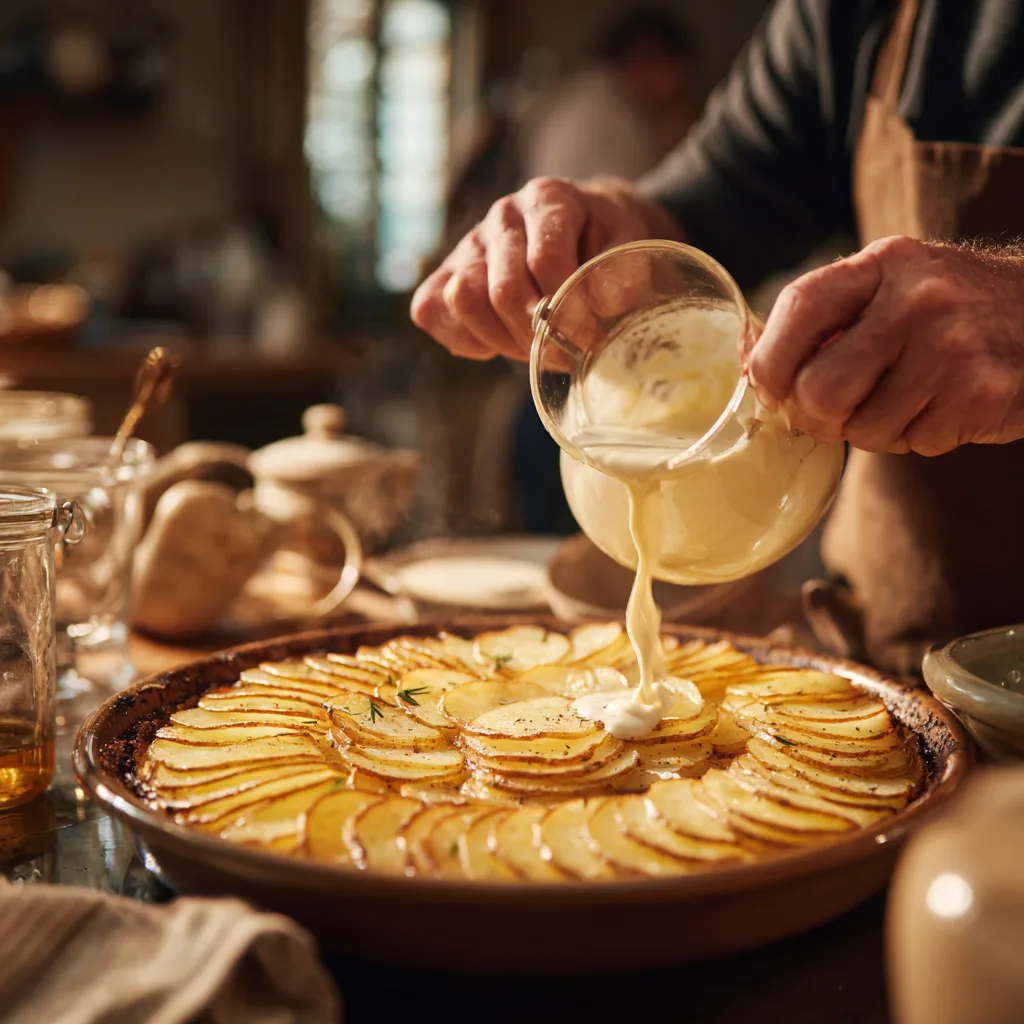 Préparation du gratin dauphinois en cuisine avec versement de la crème sur les pommes de terre