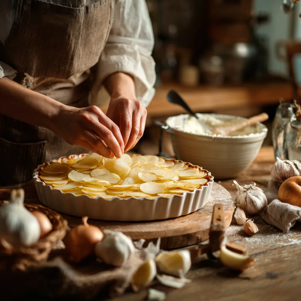 Préparation gratin dauphinois disposition pommes terre plat mandoline