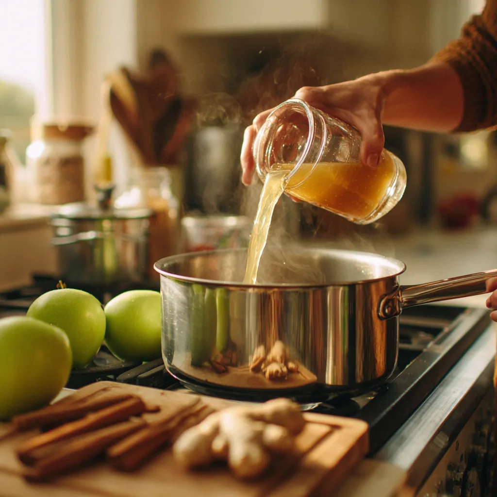 Préparation du jus pomme cannelle dans une casserole avec épices et ingrédients frais