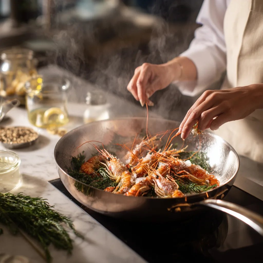 Préparation langoustines à l'estragon cuisson poêle recette pas à pas