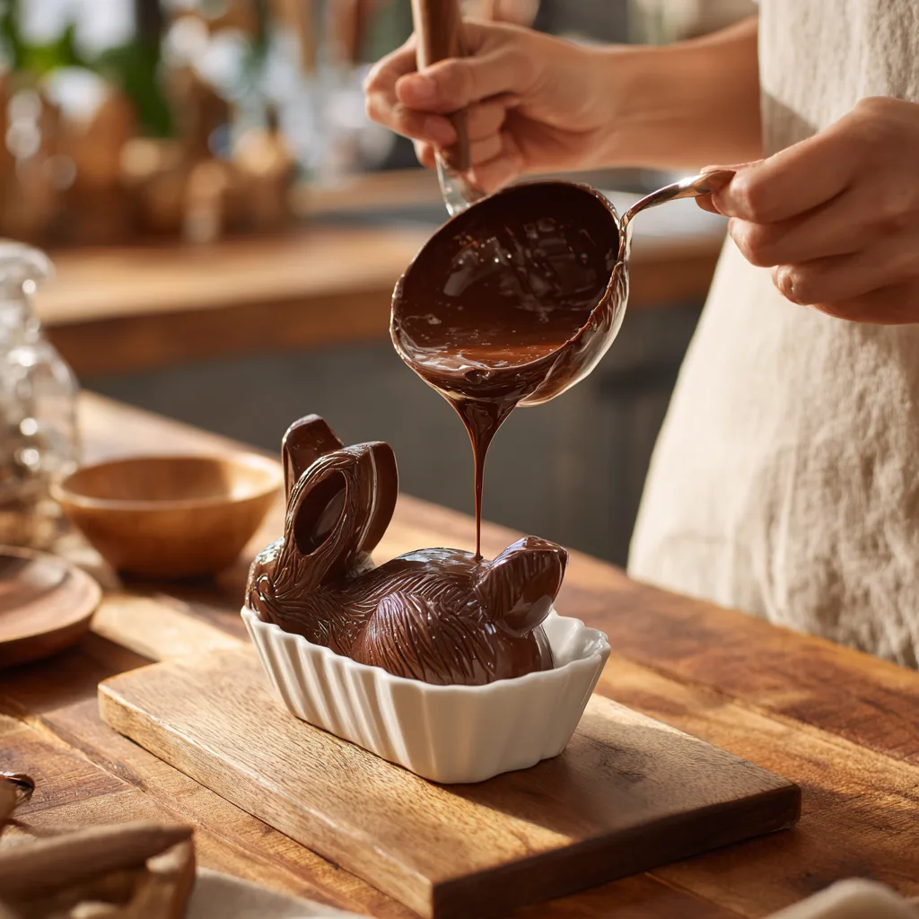 Mains versant chocolat tempéré dans moule Lapin de Pâques avec louche cuisine