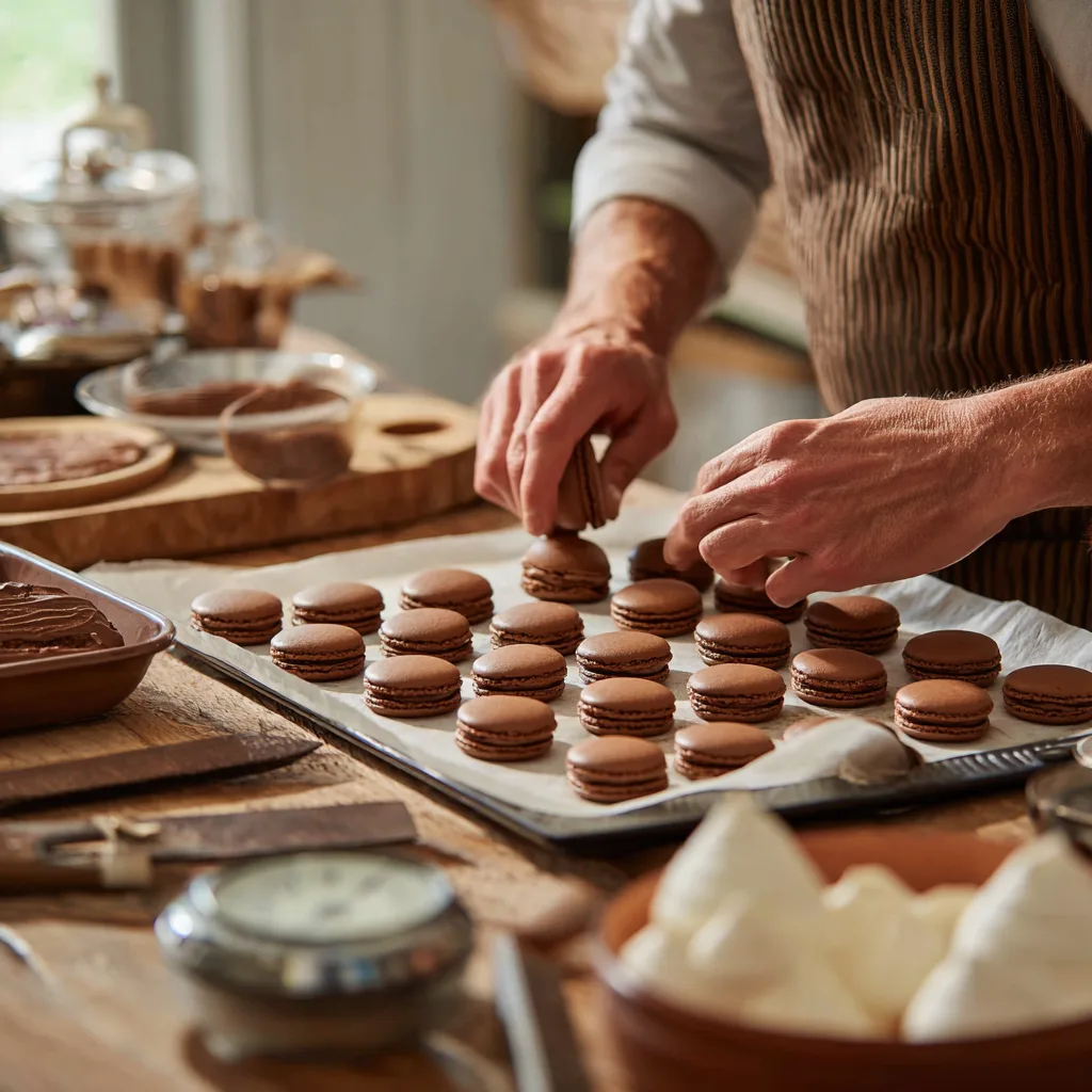 Préparation de macarons au chocolat : pochage de la pâte sur plaque de cuisson