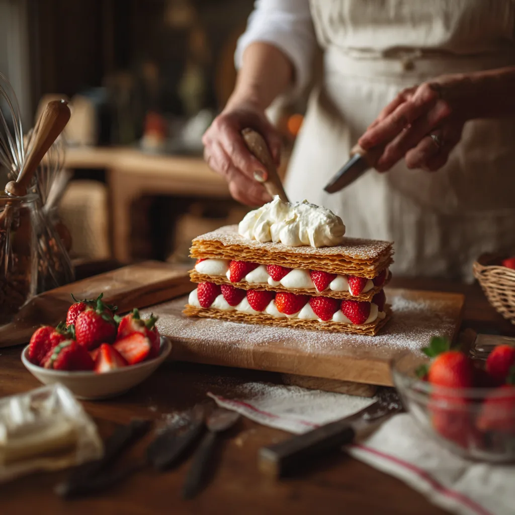 Préparation du mille-feuille vanille aux fraises en cuisine avec poche à douille et ingrédients