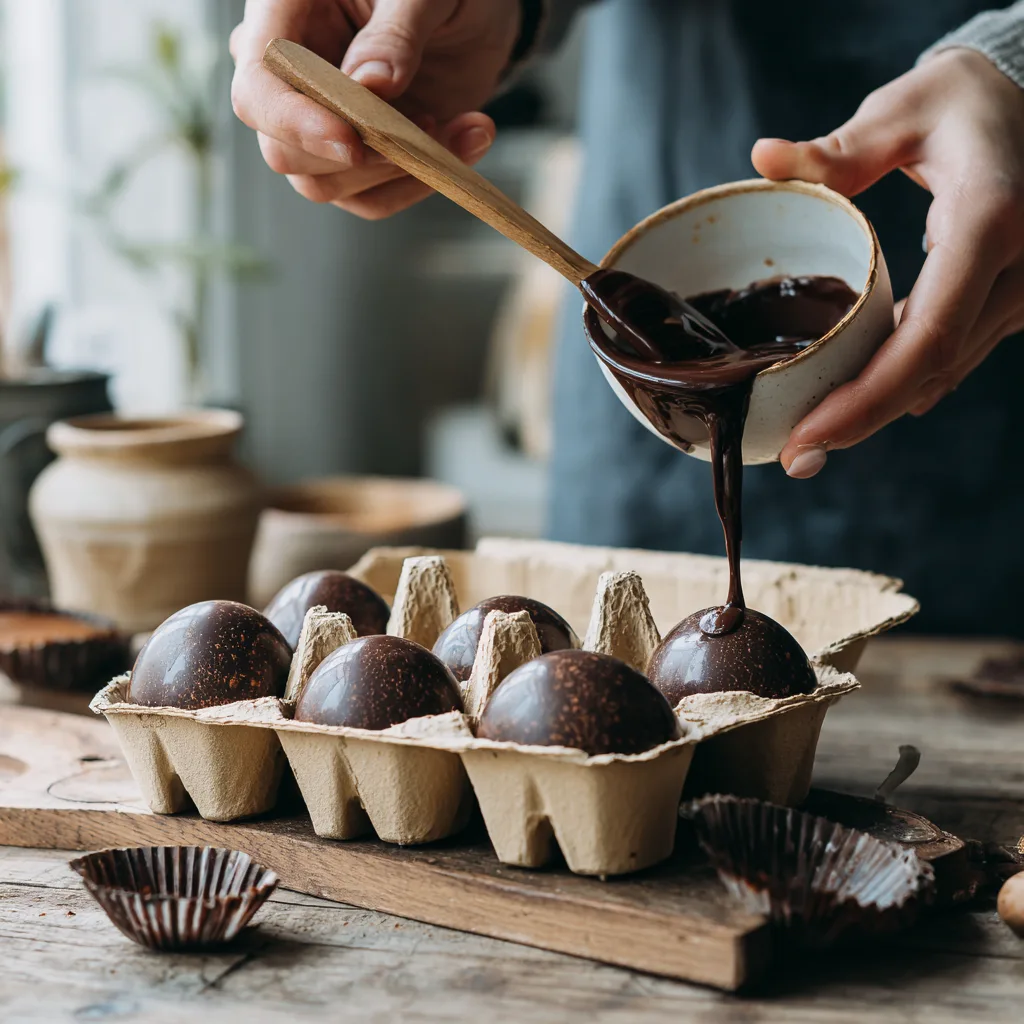 Préparation des œufs trompe-l'œil au chocolat noir en cuisine