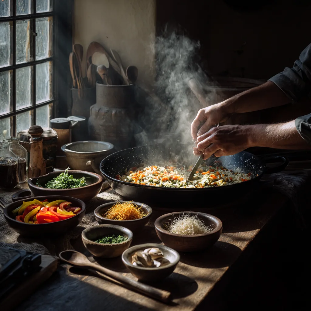 Préparation paëlla végétarienne en cuisine avec bouillon légumes et ingrédients frais