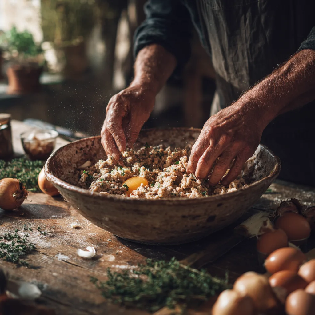 Préparation du pain de viande maison — mélange de la farce dans un saladier rustique