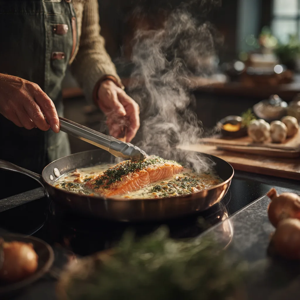 Préparation pâtes au saumon fumé en cuisine avec poêle et ustensiles