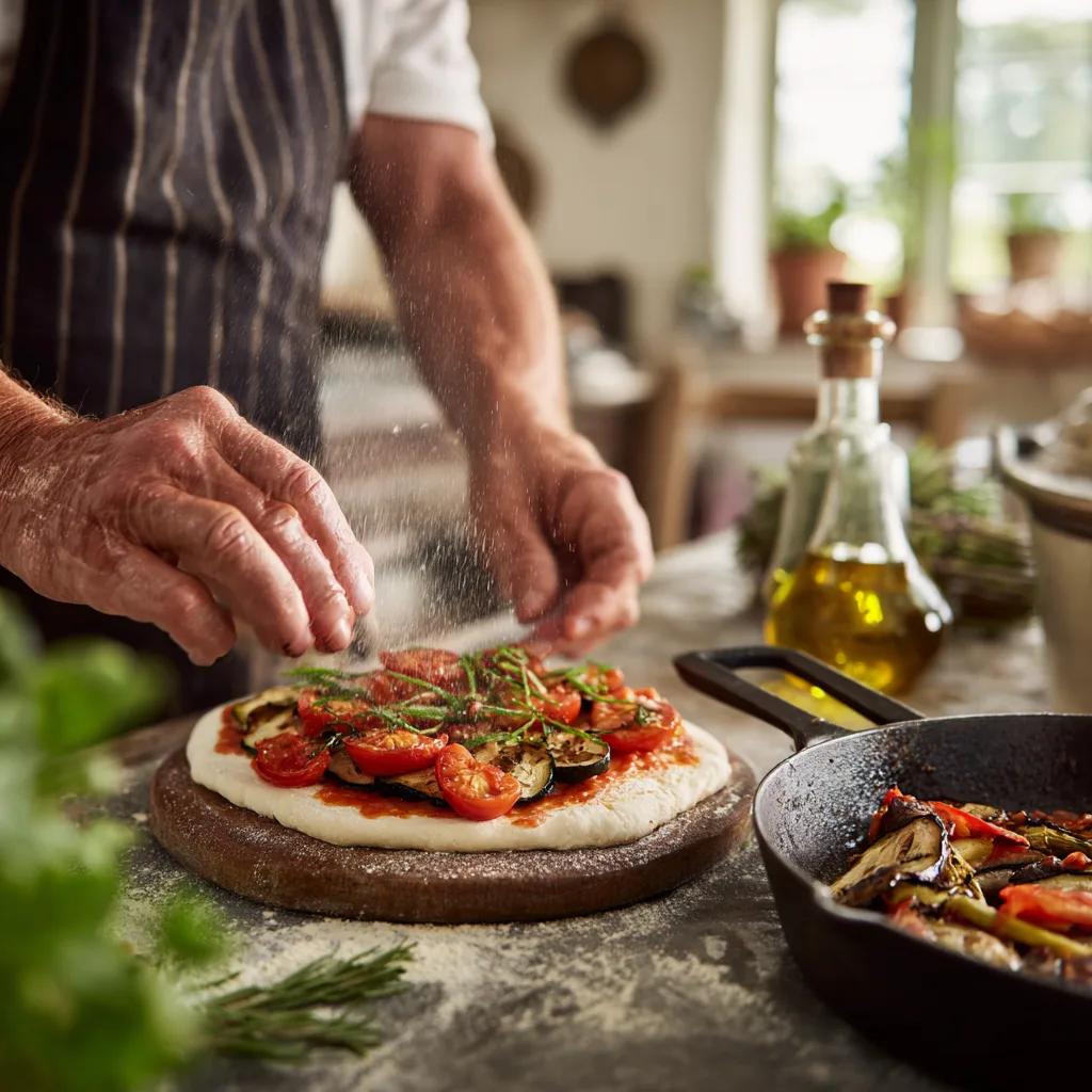 Préparation pizza végétarienne aux légumes grillés — étalement de sauce tomate sur la pâte