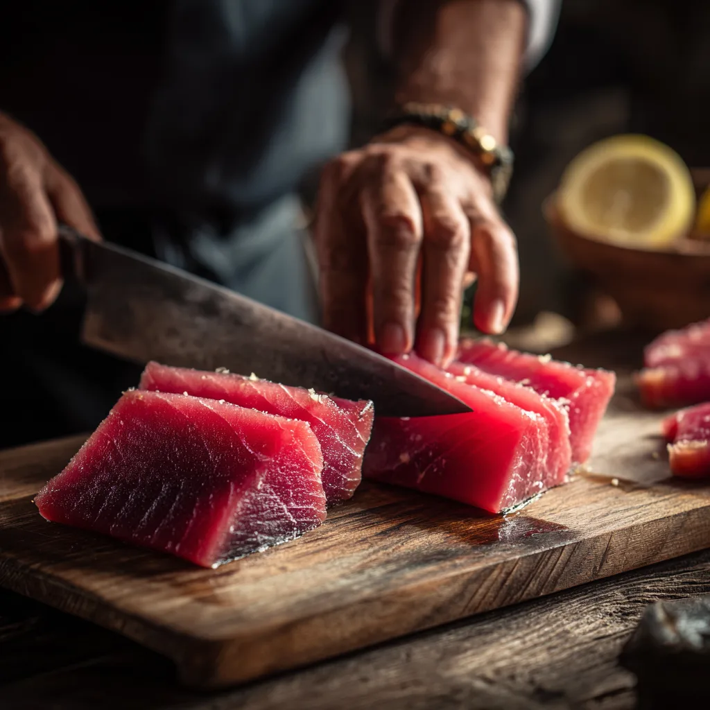 Préparation du Poke Bowl au Thon Mariné en cuisine avec découpe du thon frais