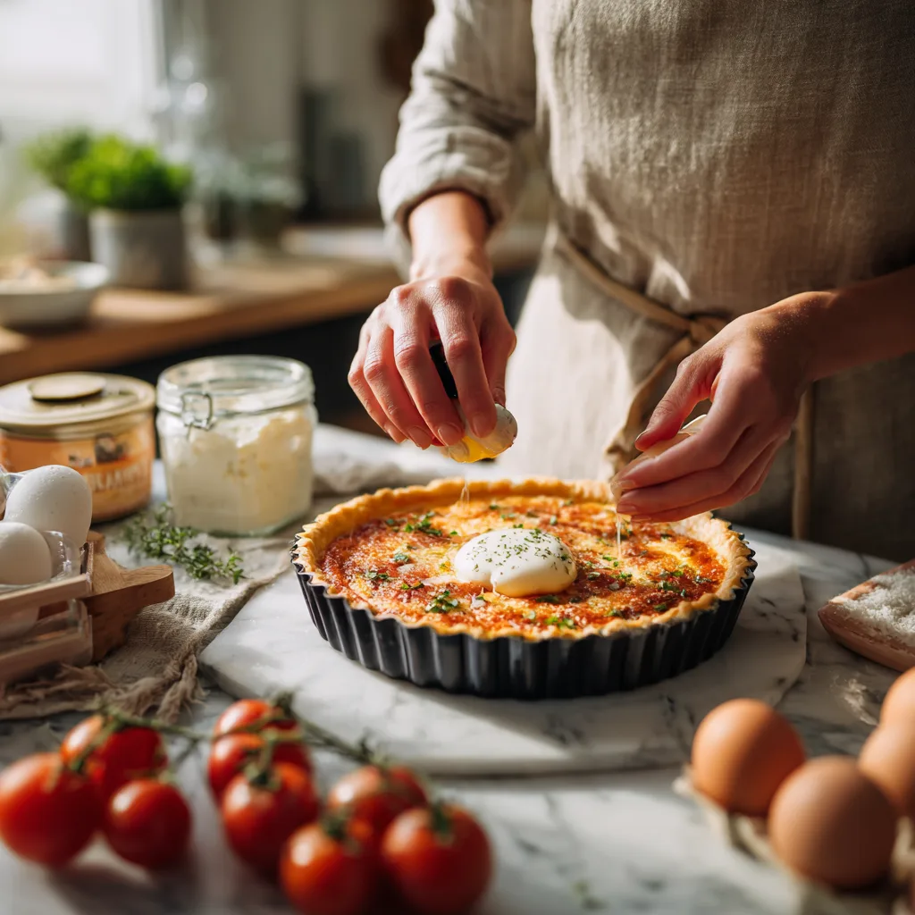 Préparation d'une quiche au thon maison : versement de l'appareil crème-œufs
