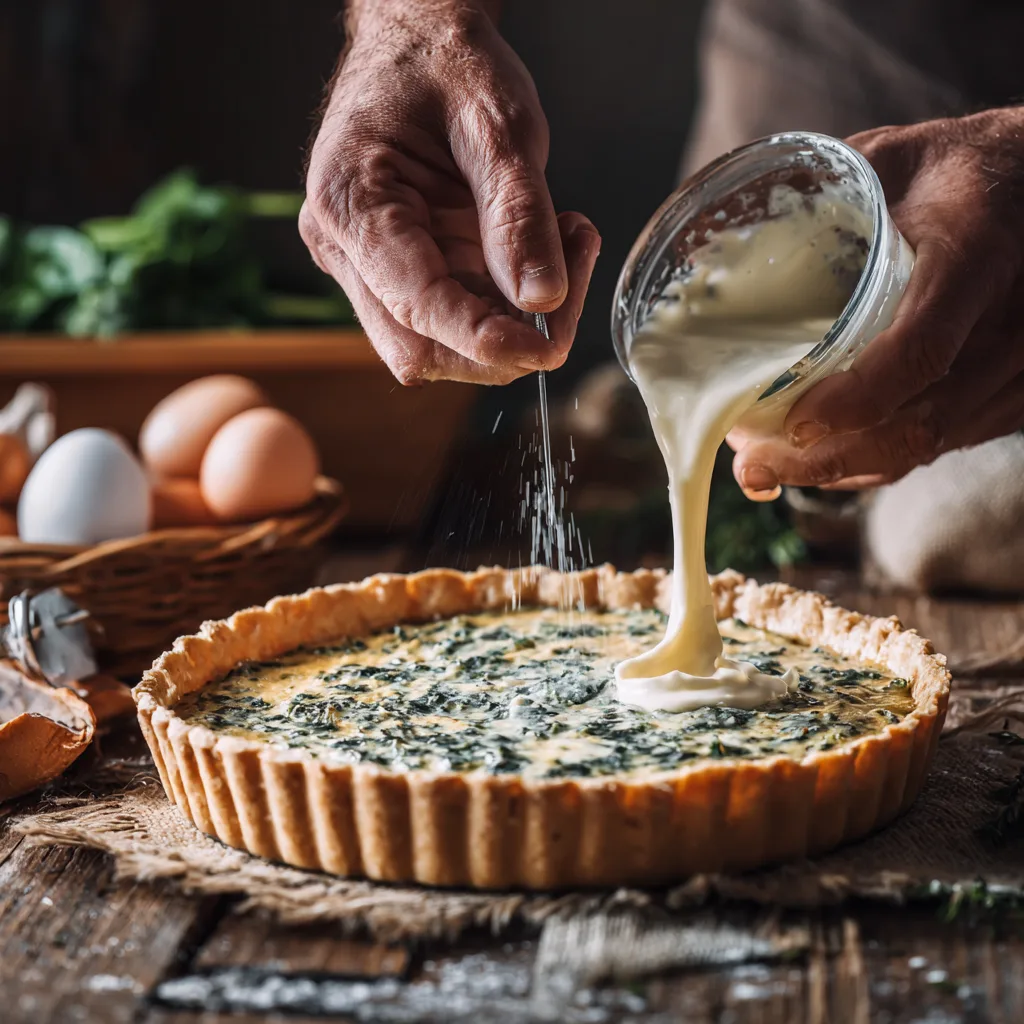 Préparation de la quiche aux épinards : versement de l'appareil dans le moule
