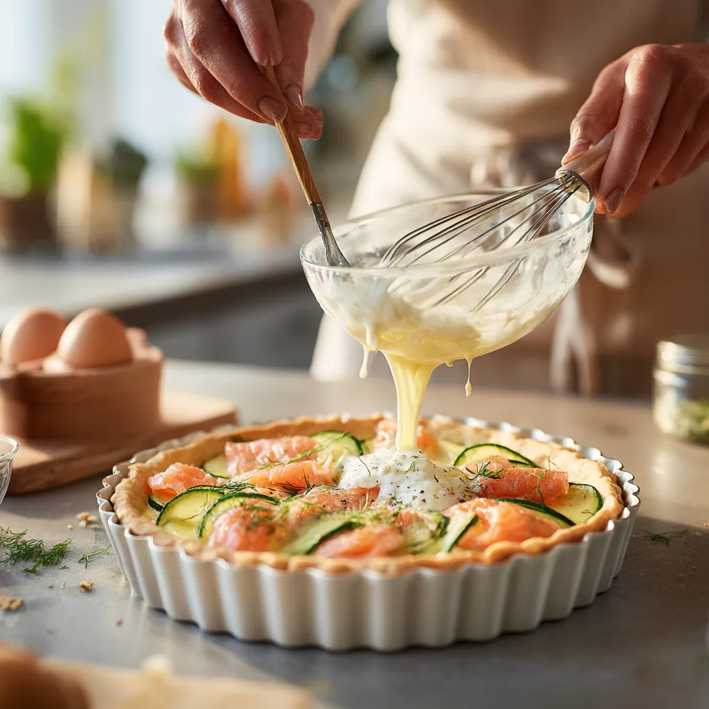 Préparation d'une quiche courgettes et saumon fumé : versement de l'appareil crémeux dans le moule