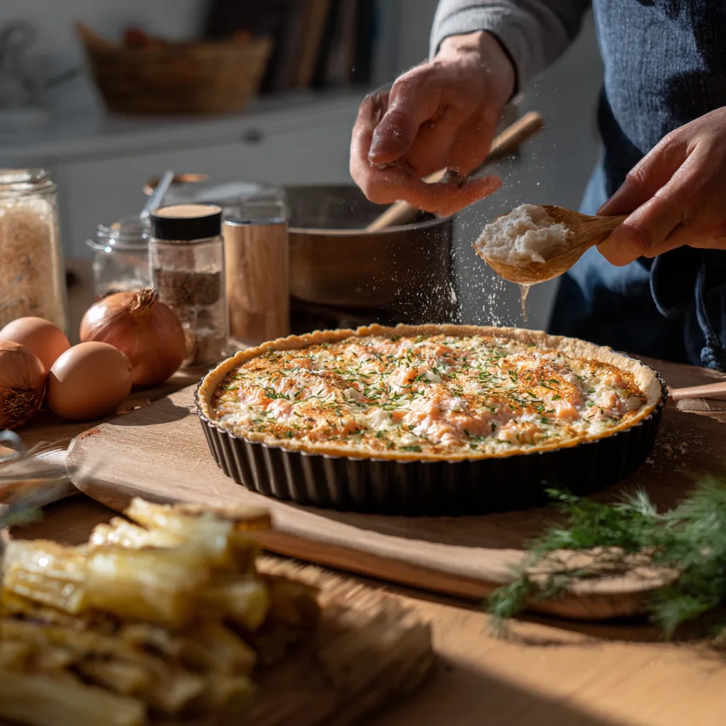 Préparation quiche au saumon fumé versement appareil crémeux sur garniture poireaux