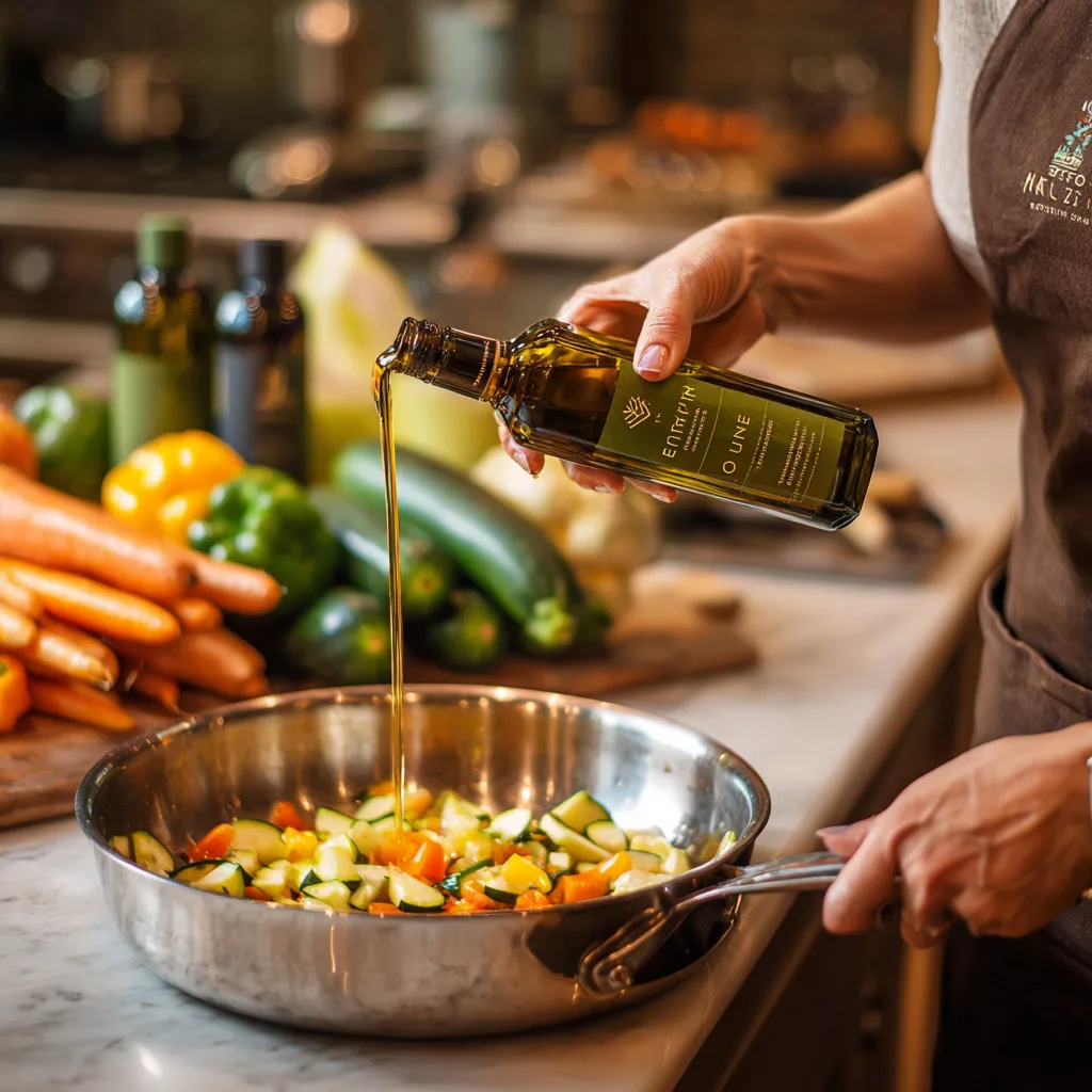 Préparation ratatouille bowl printemps en cuisine avec huile d'olive