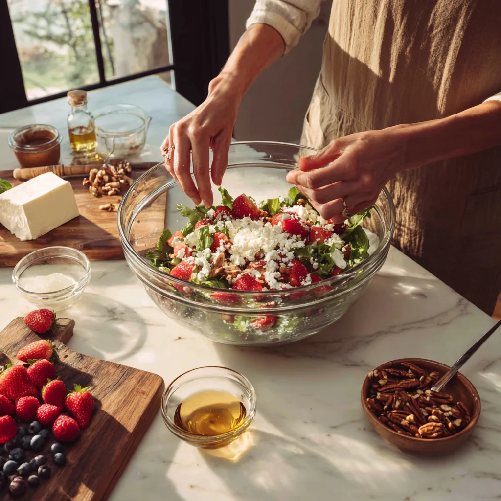 Préparation salade sucrée-salée aux fruits rouges et feta en cuisine avec ingrédients frais