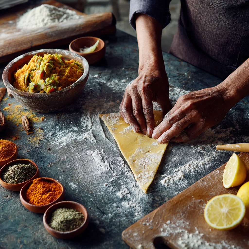 Préparation samosas aux légumes épicés pliage feuilles de brick maison