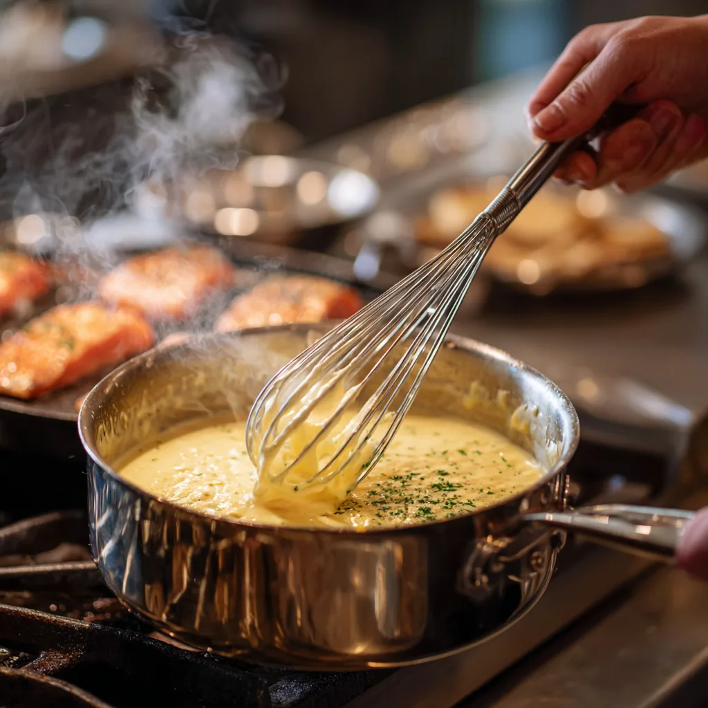 Préparation sauce béarnaise maison au bain-marie pour pavé de saumon