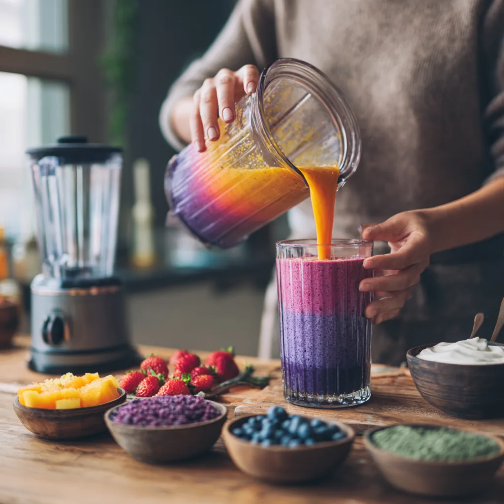 Préparation d'un Smoothie Arc-en-Ciel en cuisine avec fruits colorés et blender, versement délicat des couches