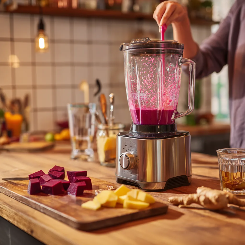 Préparation Smoothie Betterave et Pomme en cuisine avec blender et ingrédients frais