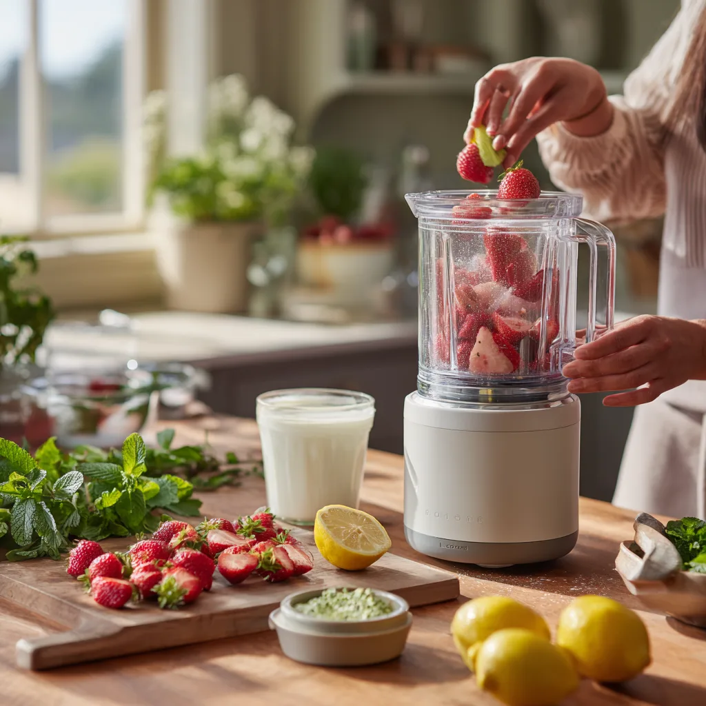 Préparation smoothie fraise citron vert blender ingrédients frais cuisine
