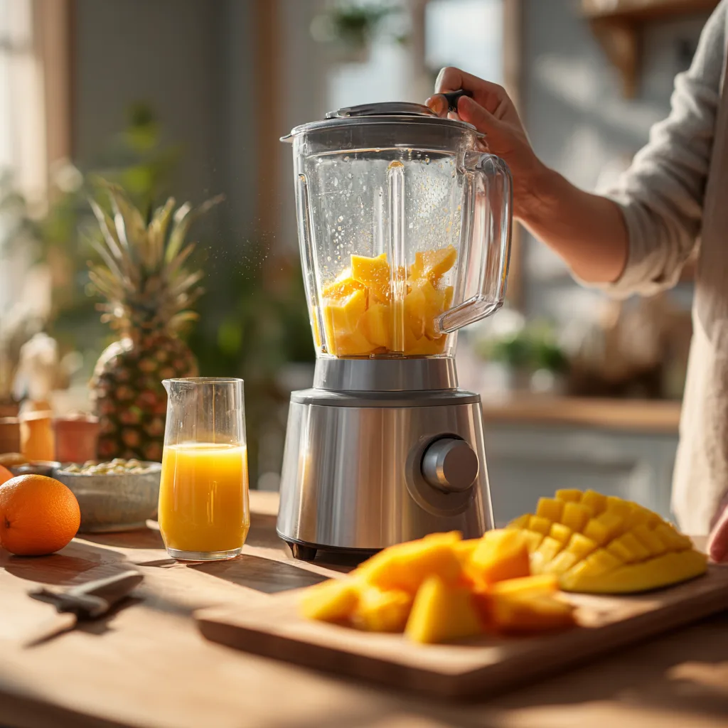 Préparation d'un Smoothie Mangue Ananas dans un blender avec fruits frais