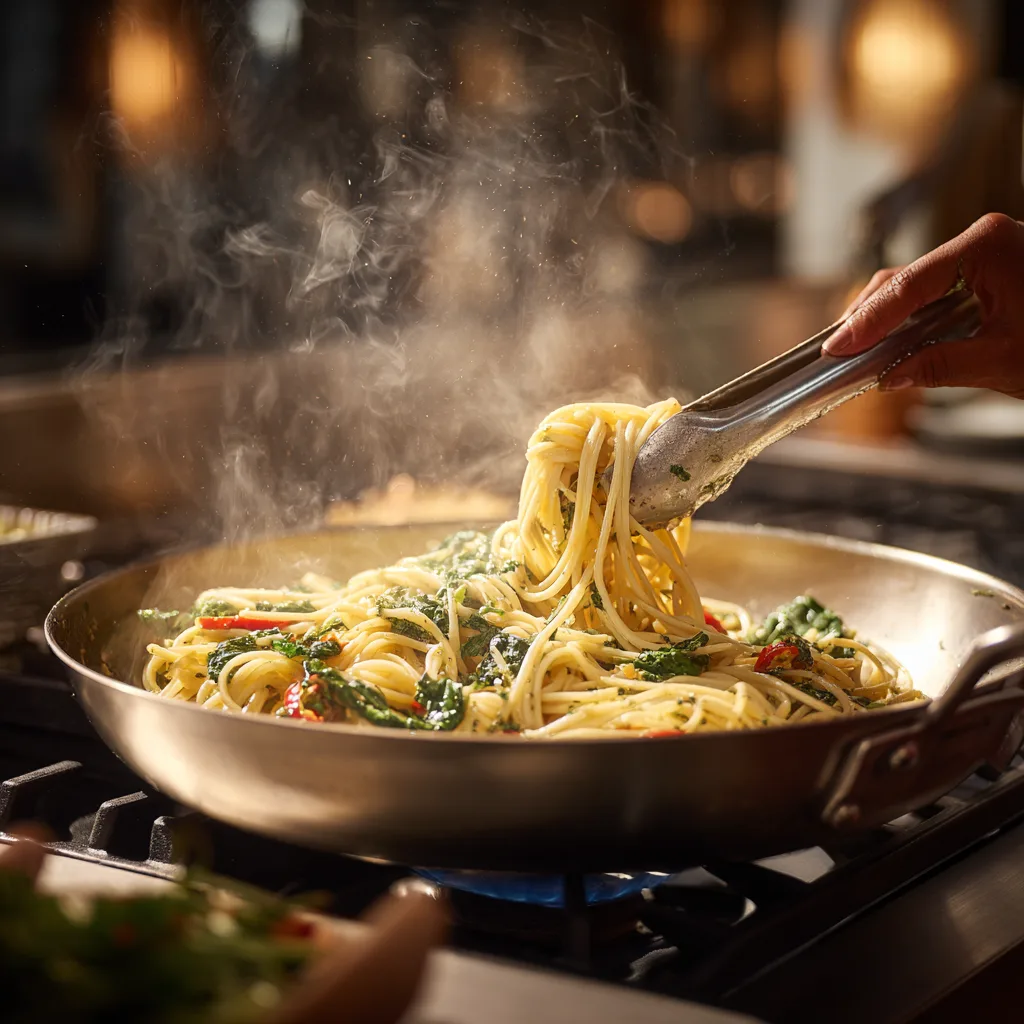 Préparation des spaghettis sauce petits pois et épinards dans une grande poêle