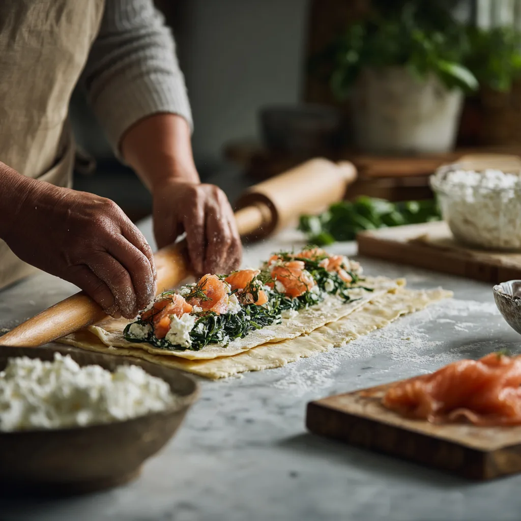 Préparation des spirales feuilletées au saumon : rouler la pâte garnie d'épinards