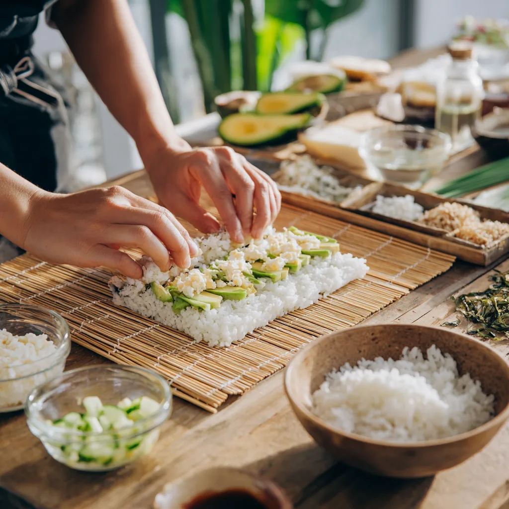 Préparation du Sushi Californien maison sur natte de bambou en cuisine