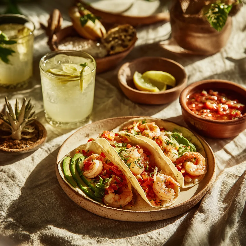Présentation tacos aux crevettes et avocat table dressée accompagnements