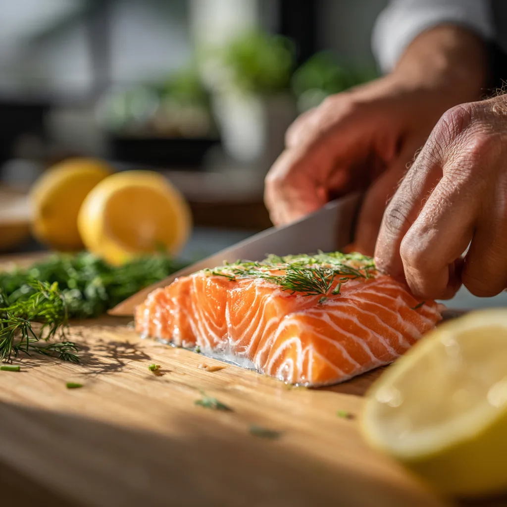 Préparation tartare de saumon frais découpe couteau planche à découper