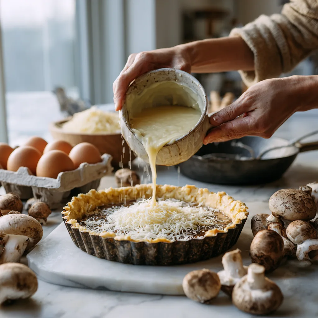 Préparation de la tarte aux champignons et fromage en cuisine avec versement de l'appareil crémeux