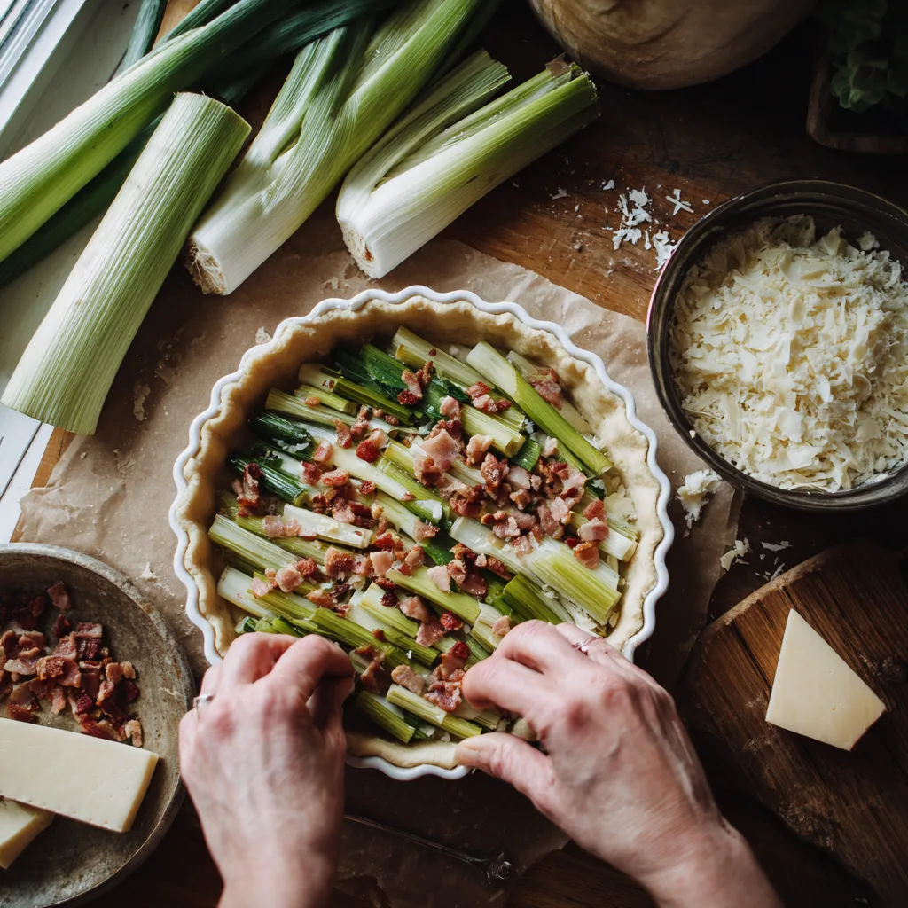 Préparation de la Tarte aux poireaux et aux lardons en cuisine avec ingrédients