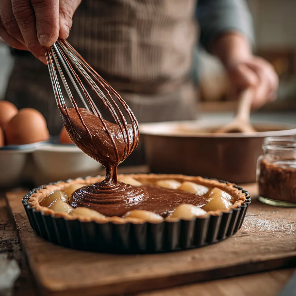 Préparation de la tarte chocolat poires, versement de la ganache sur les poires