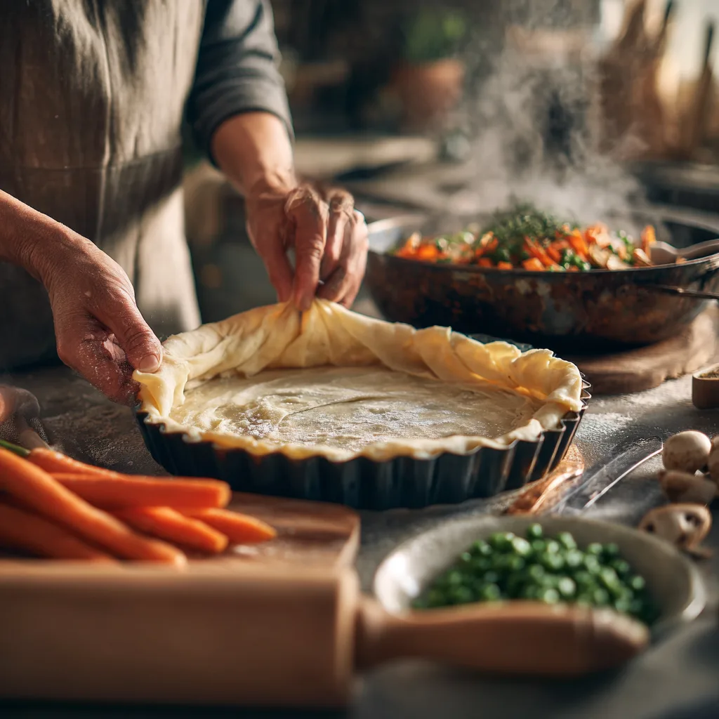 Préparation tourte aux légumes maison étaler pâte feuilletée légumes frais