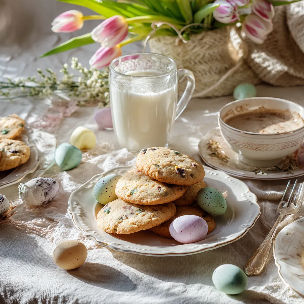 Cookies aux œufs de Pâques présentés assiette table goûter lait