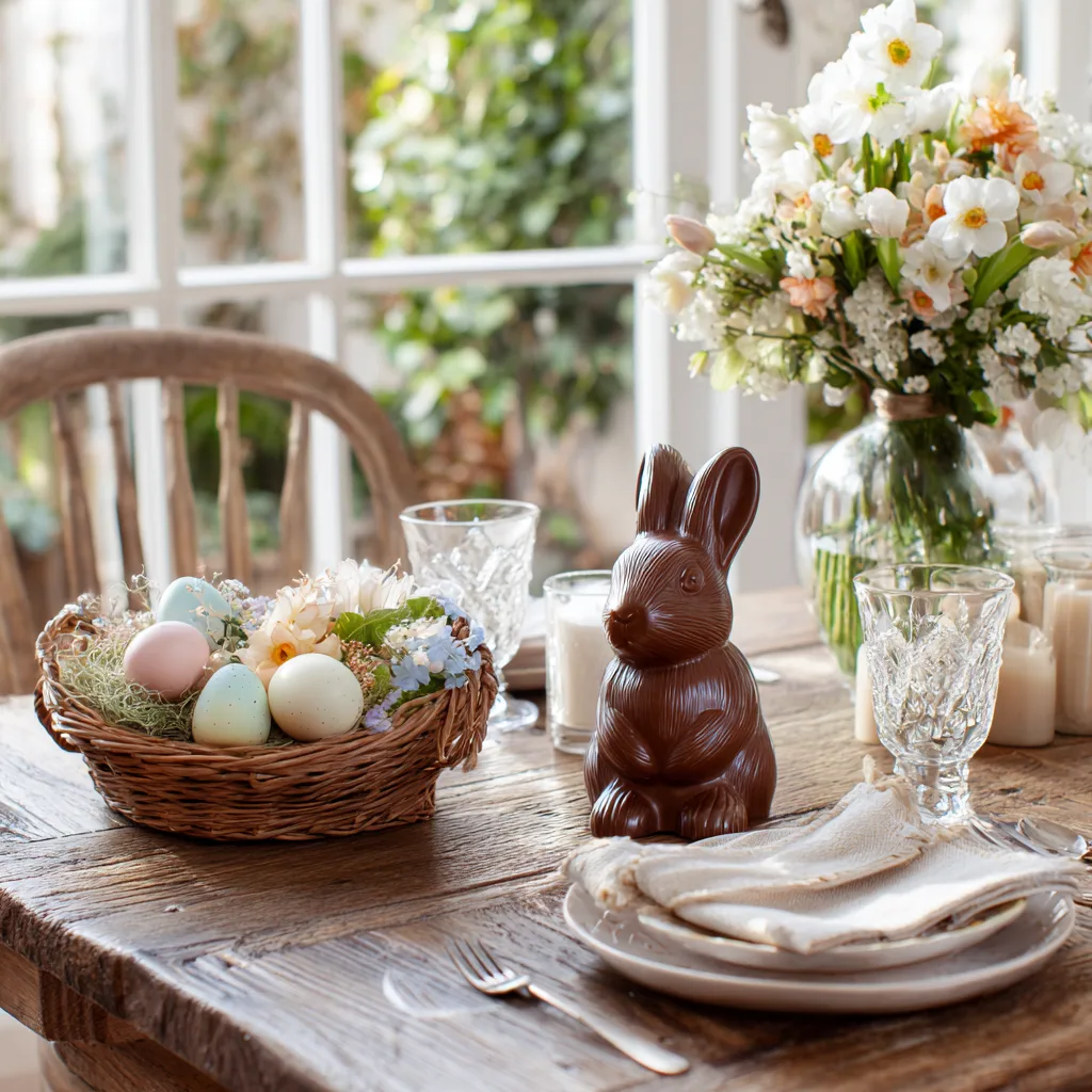 Lapin de Pâques chocolat présenté sur table festive avec décoration printanière œufs colorés